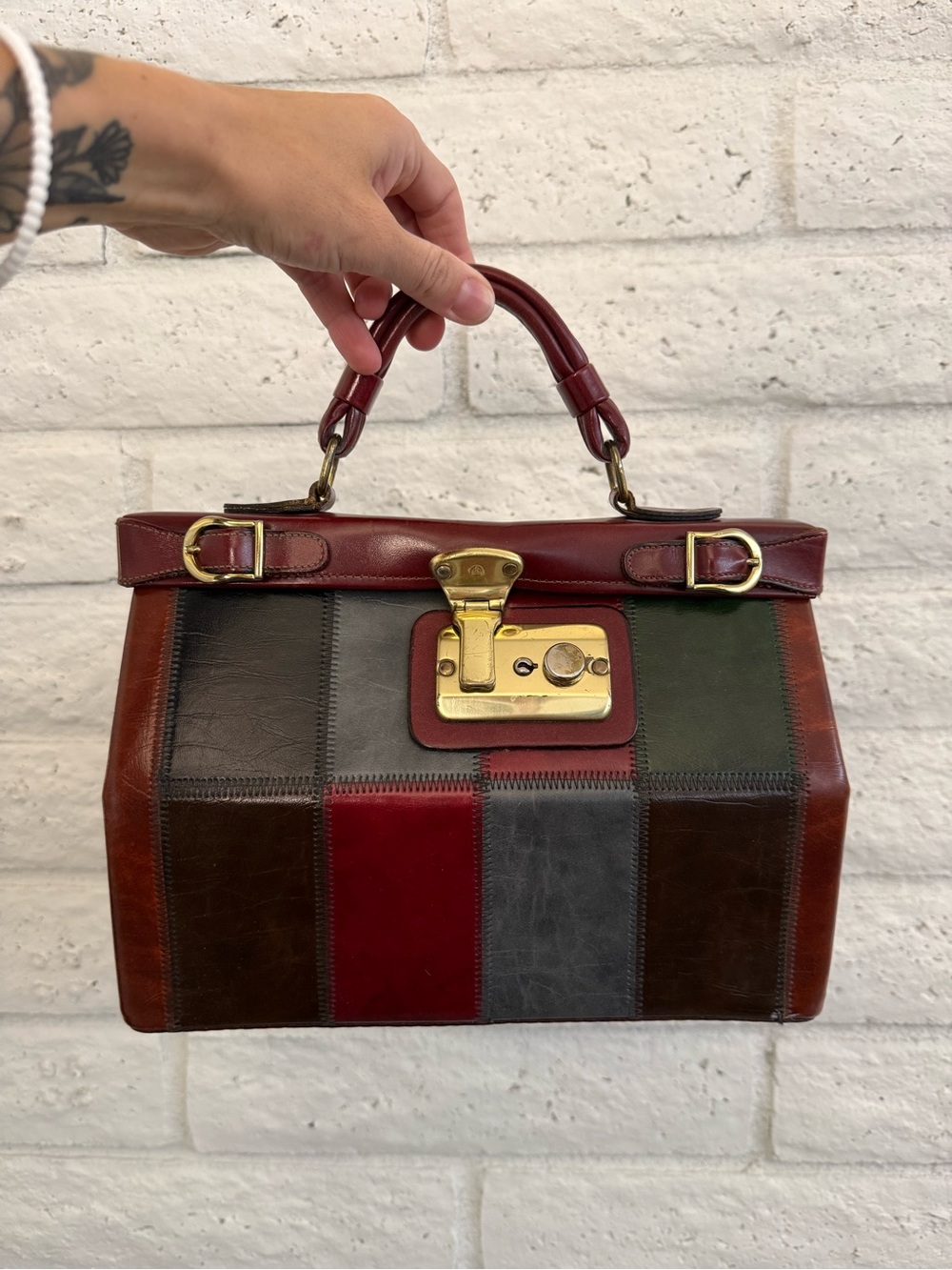 Vintage Patchwork Leather Top-Handle Bag in Burgundy, Green & Brown